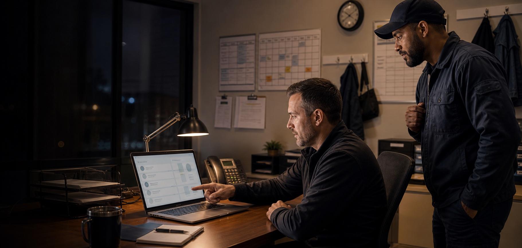 Service business team reviewing captured call leads in an office at night